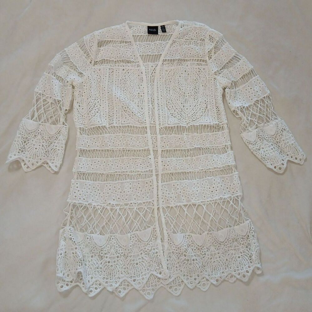 Rafaella Petite Small Boho Crochet Cardigan White 3/4 Sleeve Cover Up